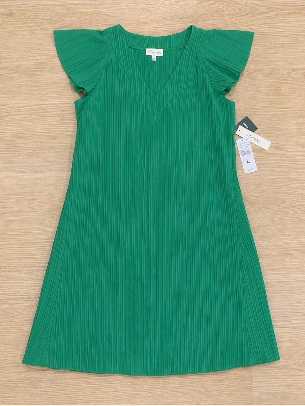 Pleated V-Neck Green A-Line Dress with Flutter Sleeves